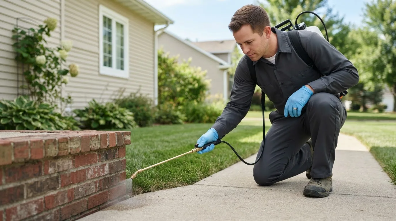 Pest control technician treating a home near Woodstock, CT